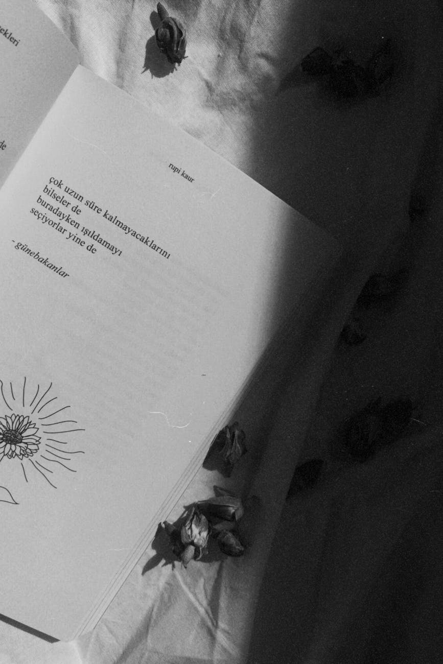 black and white photo of open poetry book