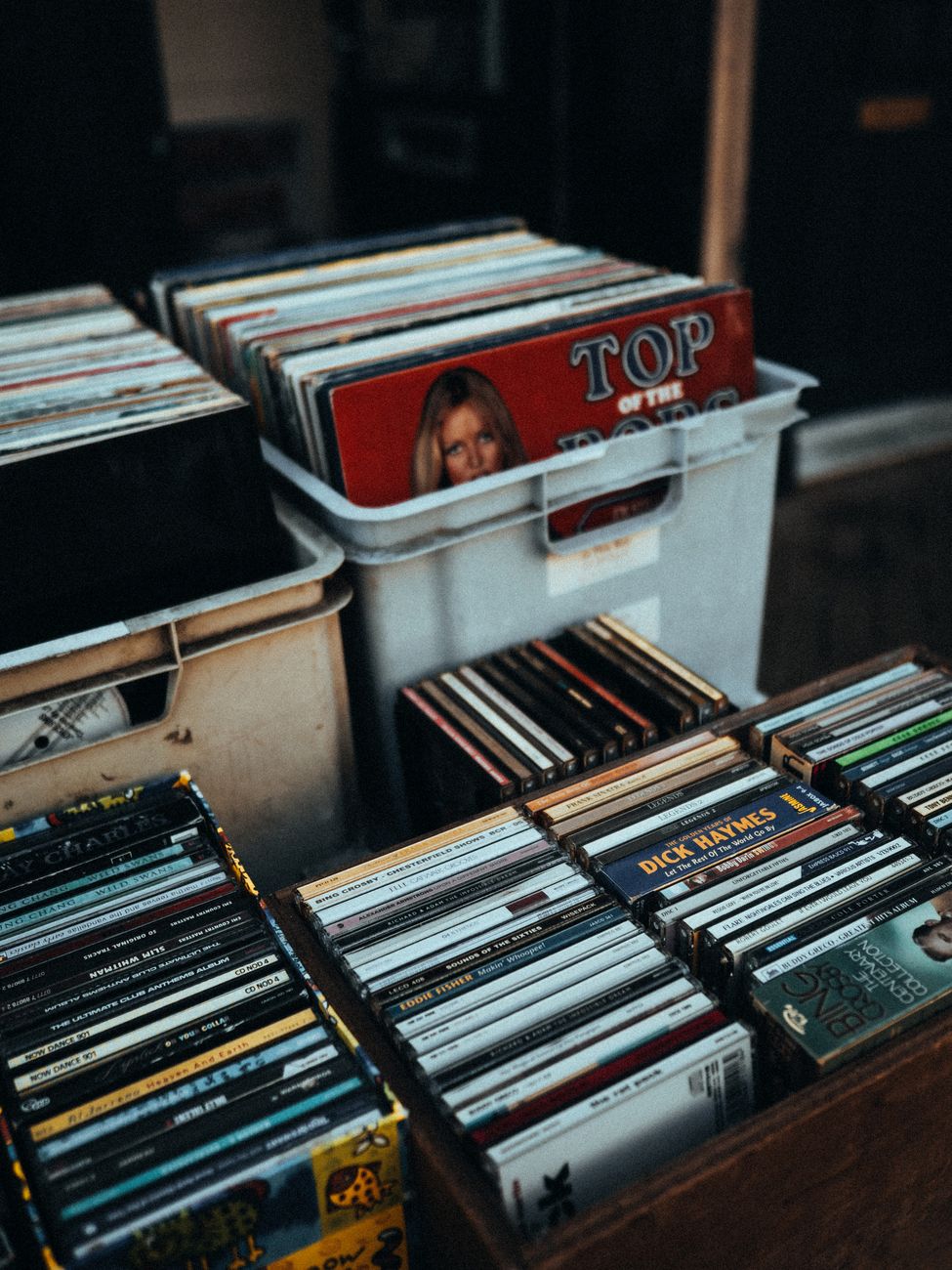 close up of boxes with cds