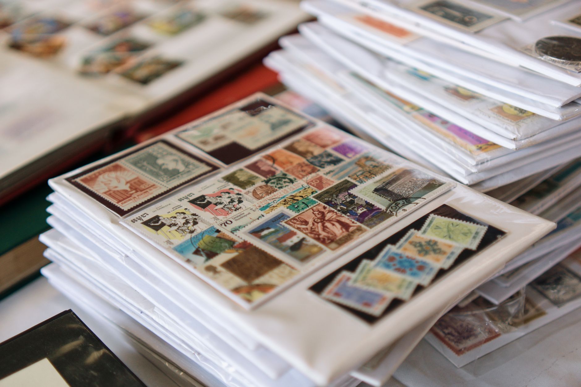 vintage stamp collection on display in albums